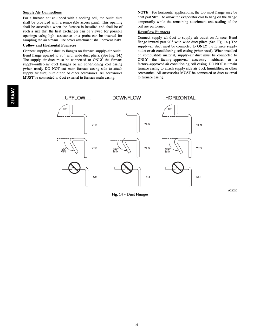 Bryant 315AAV instruction manual Supply Air Connections, Upflow and Horizontal Furnaces, Downflow Furnaces, Duct Flanges 