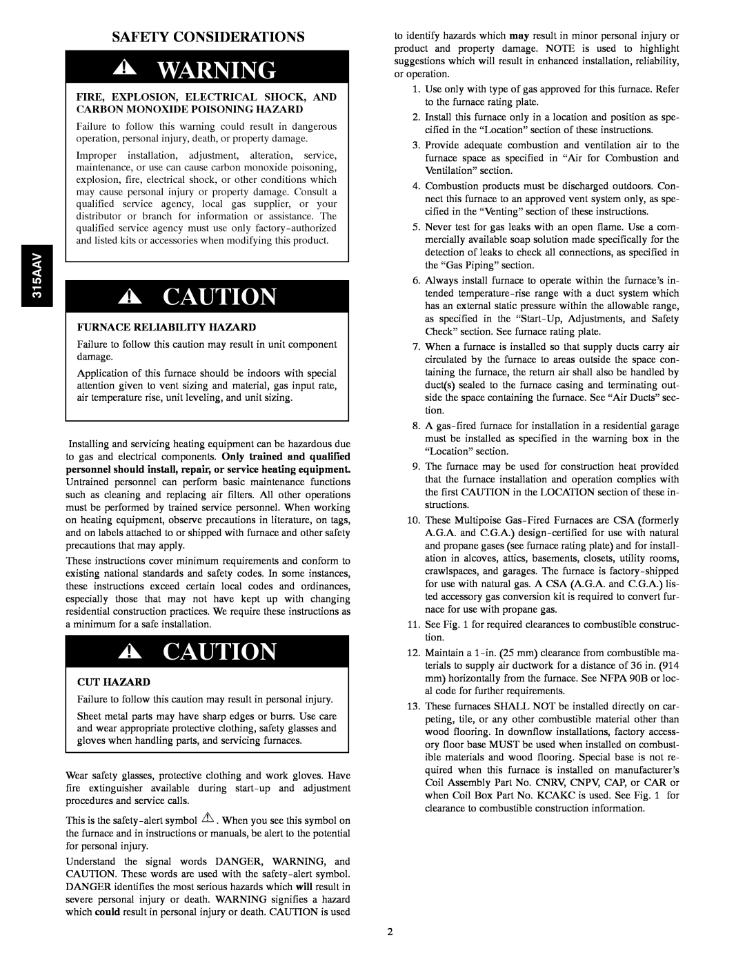 Bryant 315AAV instruction manual Safety Considerations, Furnace Reliability Hazard, Cut Hazard 