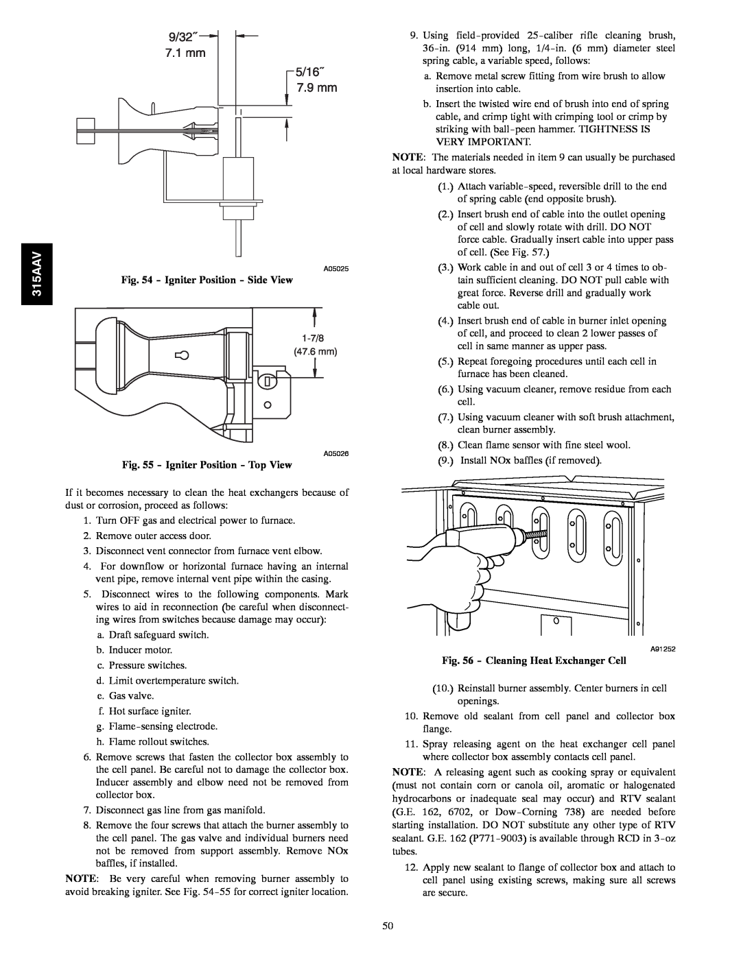 Bryant 315AAV instruction manual Igniter Position - Side View, Igniter Position - Top View, Cleaning Heat Exchanger Cell 