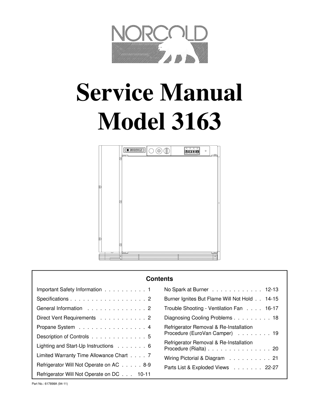 Bryant 3163 service manual Model, Contents 