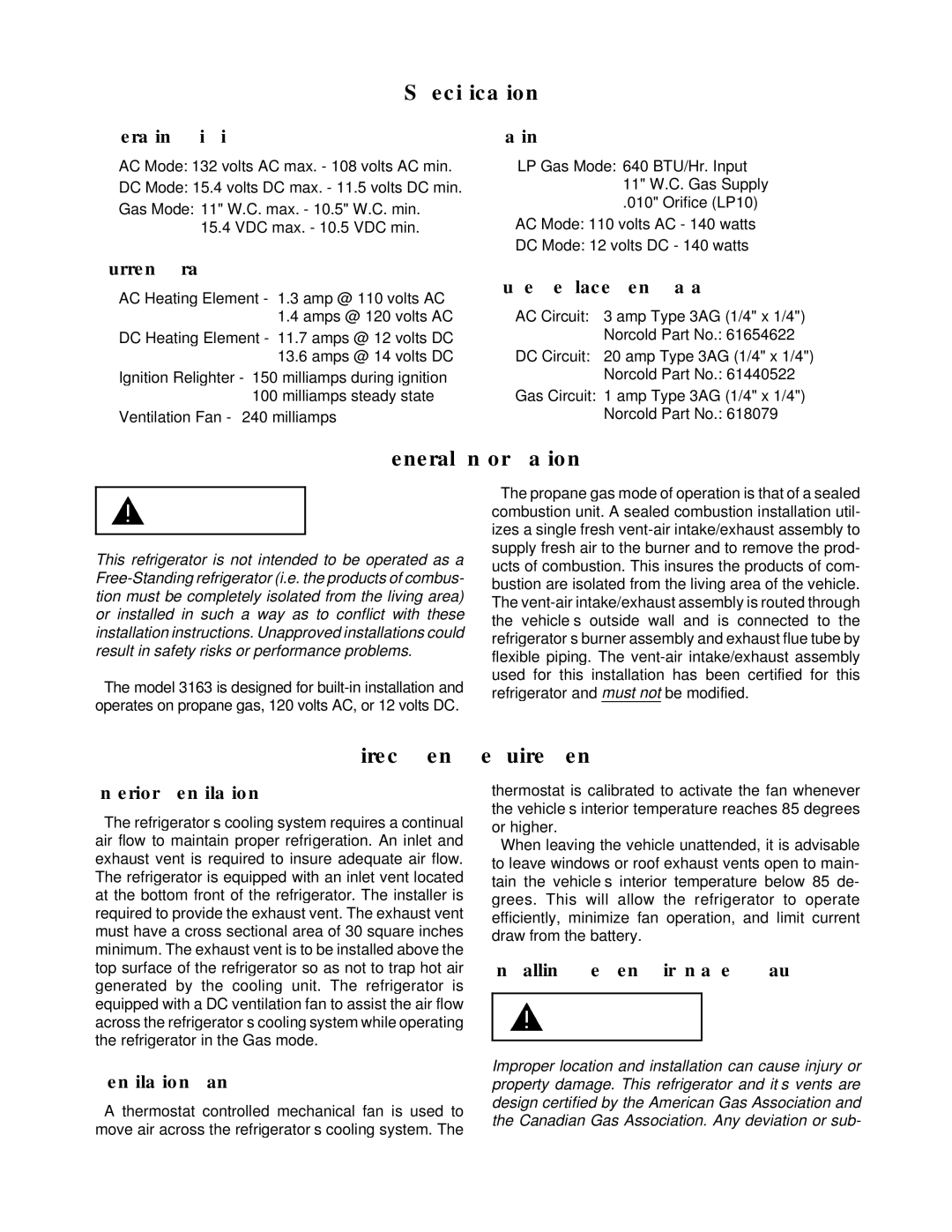 Bryant 3163 service manual Specifications, General Information, Direct Vent Requirements 