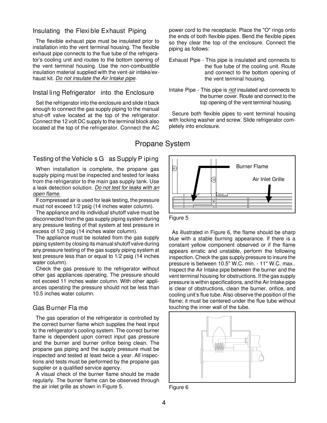 Bryant 3163 Propane System, Insulating the Flexible Exhaust Piping, Installing Refrigerator into the Enclosure 