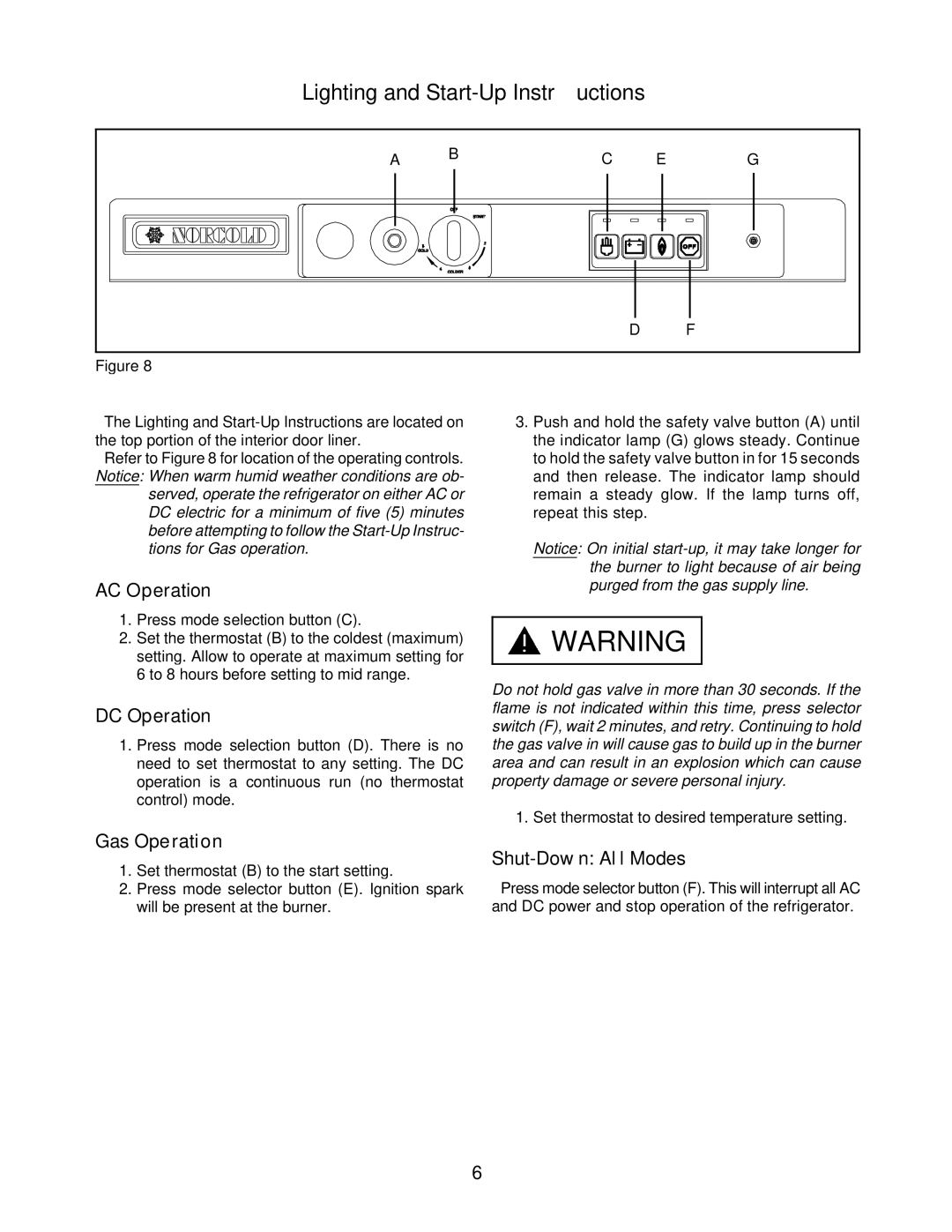 Bryant 3163 service manual Lighting and Start-Up Instructions, AC Operation, DC Operation, Shut-Down All Modes 