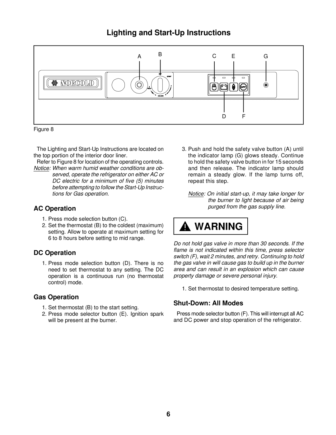 Bryant 3163 Lighting and Start-Up Instructions, AC Operation, DC Operation, Gas Operation, Shut-Down All Modes 