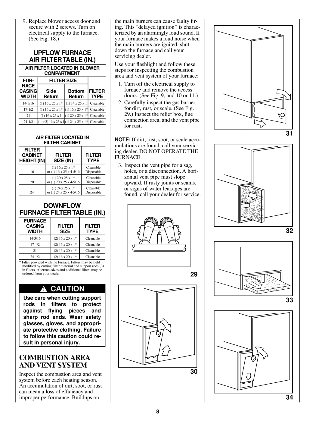 Bryant 331AAV, 330AAV manual Combustion Area and Vent System, Upflow Furnace AIR Filter Table 