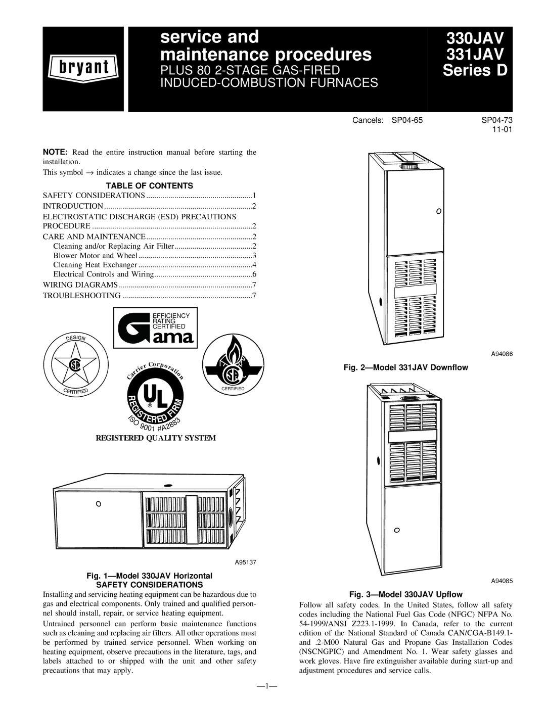 Bryant 330JAV, 331JAV instruction manual Table of Contents, Safety Considerations 