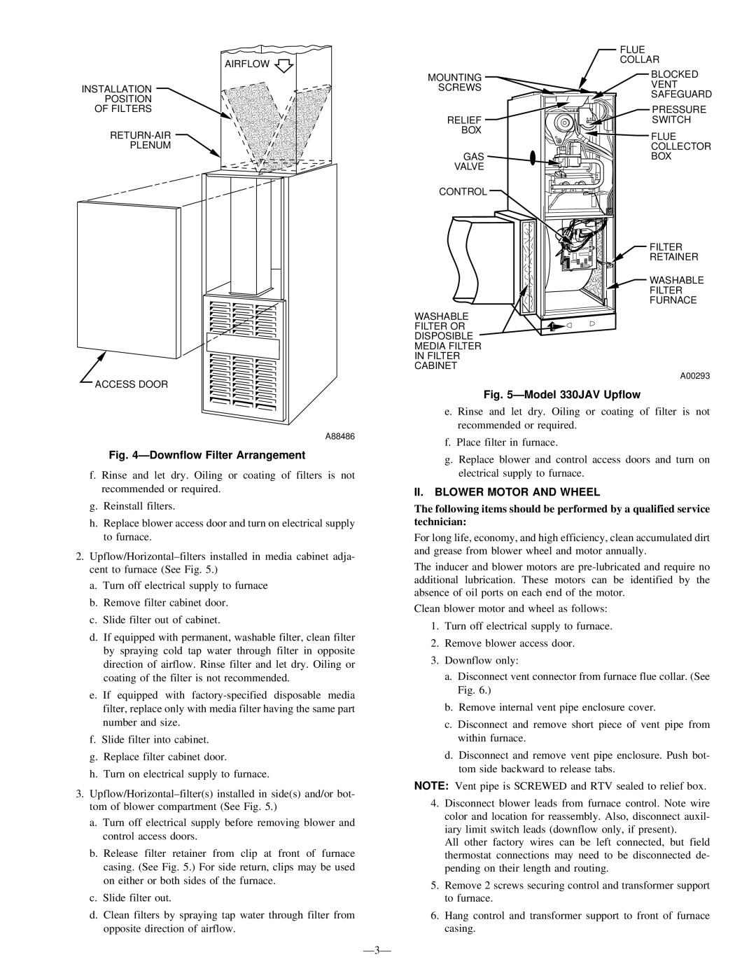 Bryant 330JAV, 331JAV instruction manual Downflow Filter Arrangement, II. Blower Motor and Wheel 