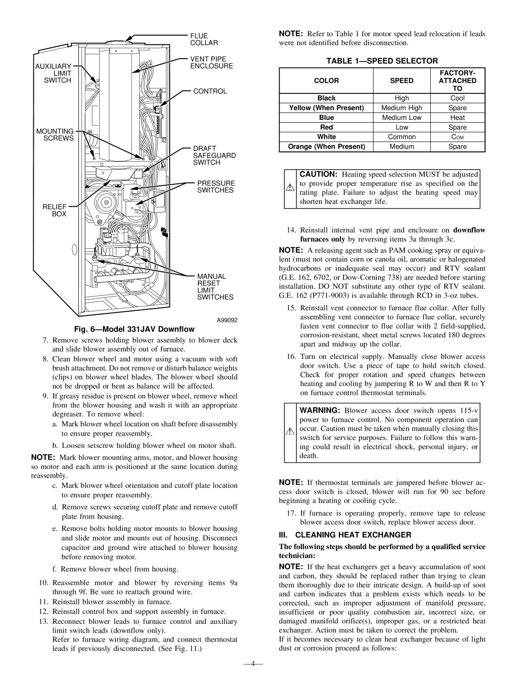 Bryant 331JAV, 330JAV instruction manual Speed Selector, III. Cleaning Heat Exchanger 