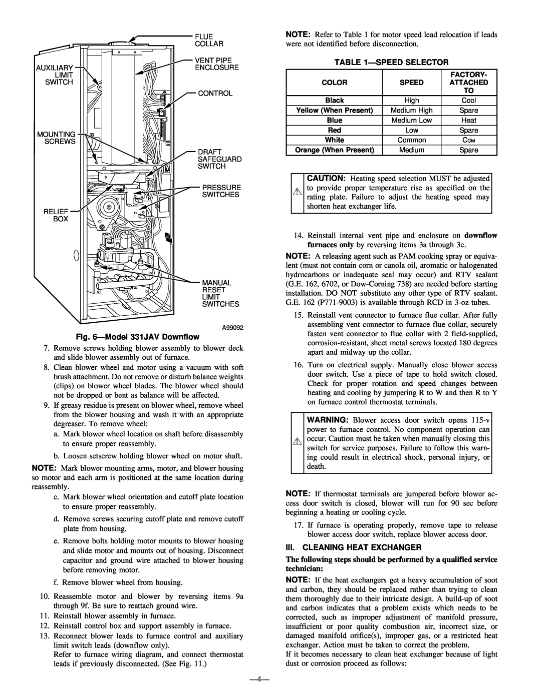 Bryant 330JAV instruction manual Speedselector, Model331JAV Downflow, Iii.Cleaning Heat Exchanger 