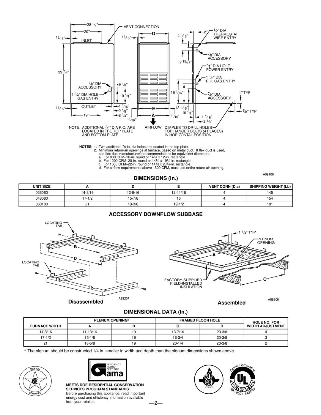 Bryant 331JAV warranty Dimensions, Accessory Downflow Subbase, Disassembled, Assembled, Dimensional Data 