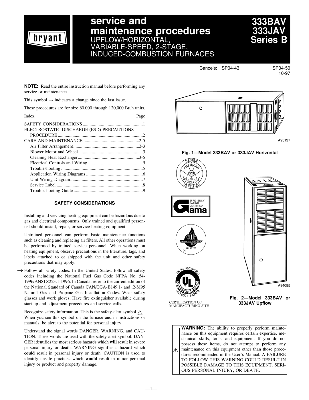 Bryant 333BAV instruction manual Electrostatic Discharge ESD Precautions, Safety Considerations, Ð1Ð 