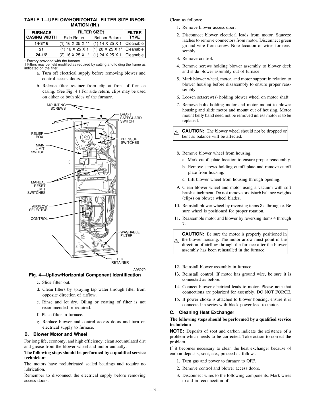 Bryant 333BAV ÐUPFLOW/HORIZONTAL Filter Size Infor Mation, Blower Motor and Wheel, Ð3Ð, Cleaning Heat Exchanger 