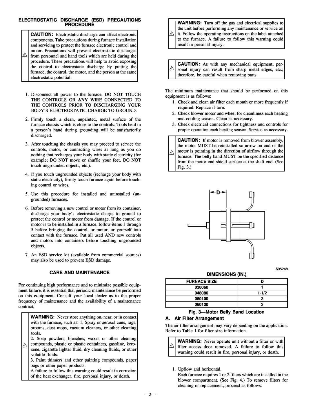 Bryant 333BAV instruction manual Electrostatic Discharge Esd Precautions Procedure, Care And Maintenance, Dimensions In 