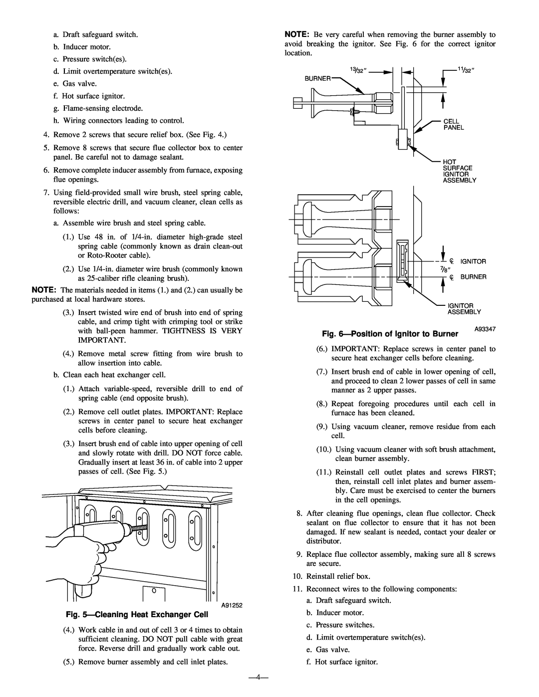 Bryant 333BAV instruction manual ÐPosition of Ignitor to Burner, ÐCleaning Heat Exchanger Cell 