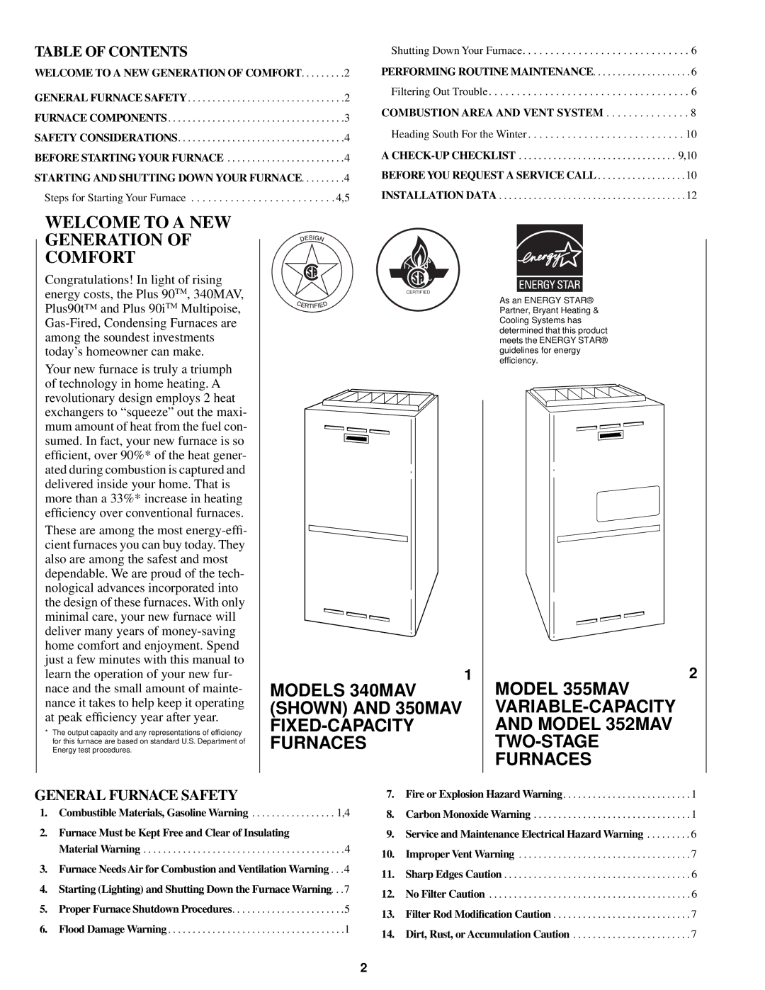 Bryant 340MAV manual Welcome to a NEW Generation of Comfort, Table of Contents, General Furnace Safety 