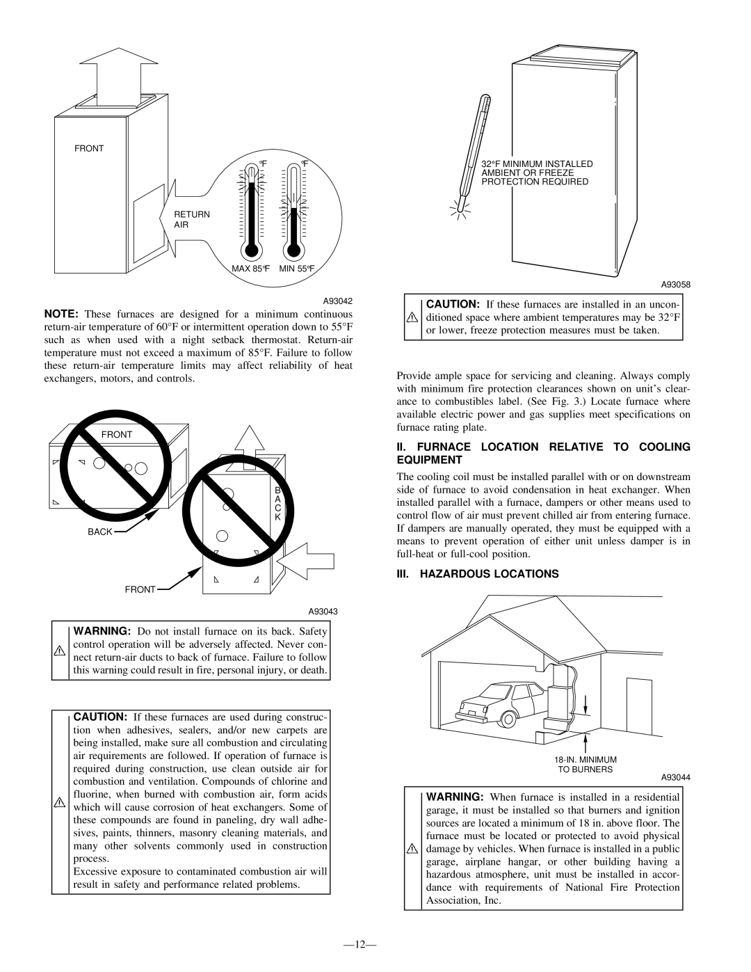 Bryant 340MAV instruction manual II. Furnace Location Relative to Cooling Equipment, III. Hazardous Locations 
