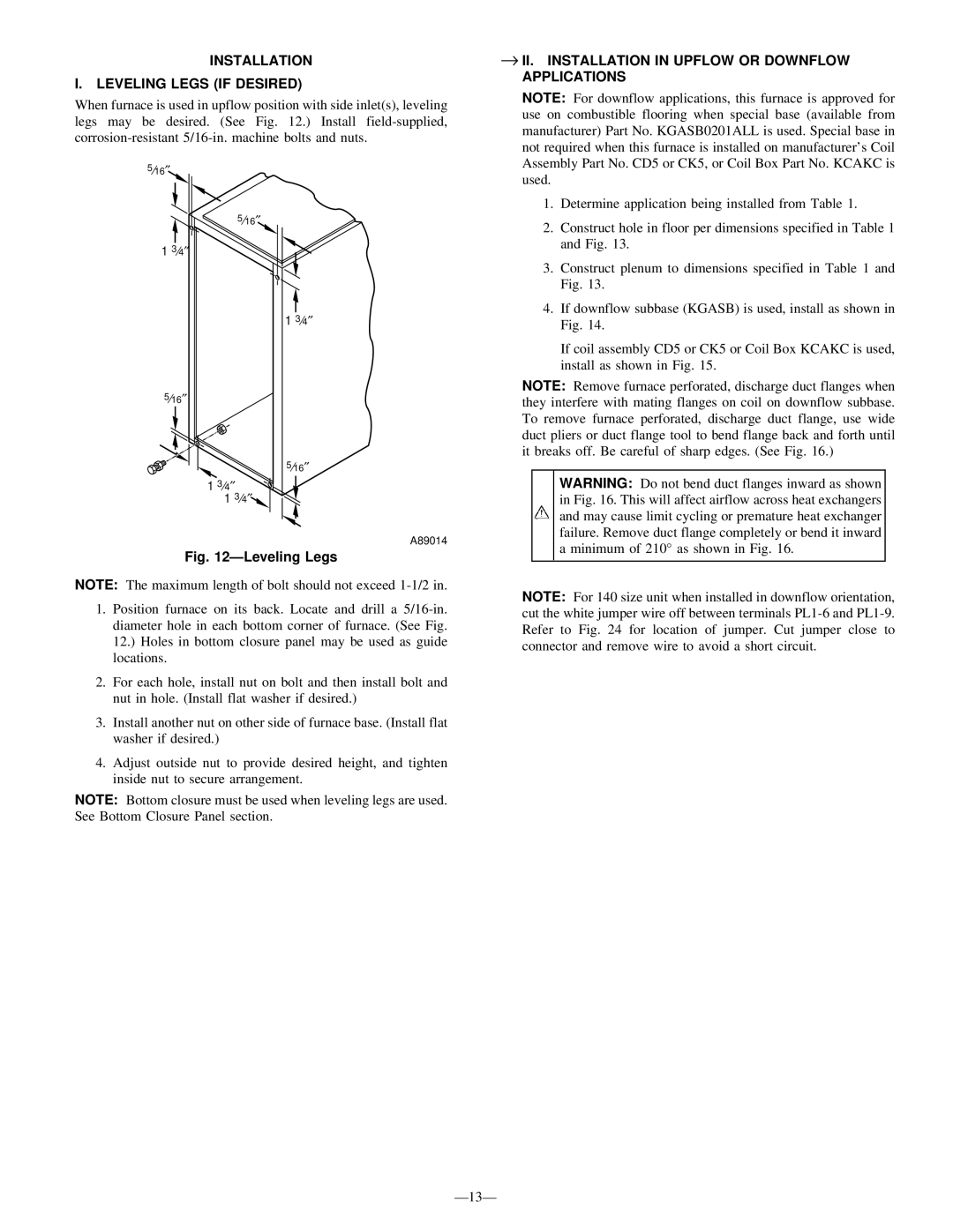 Bryant 340MAV Installation Leveling Legs if Desired, → II. Installation in Upflow or Downflow Applications 