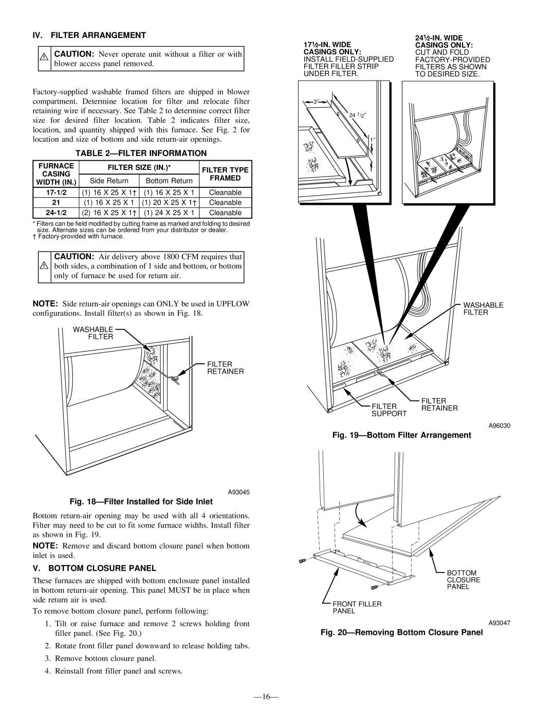 Bryant 340MAV instruction manual IV. Filter Arrangement, Ðfilter Information, Bottom Closure Panel 