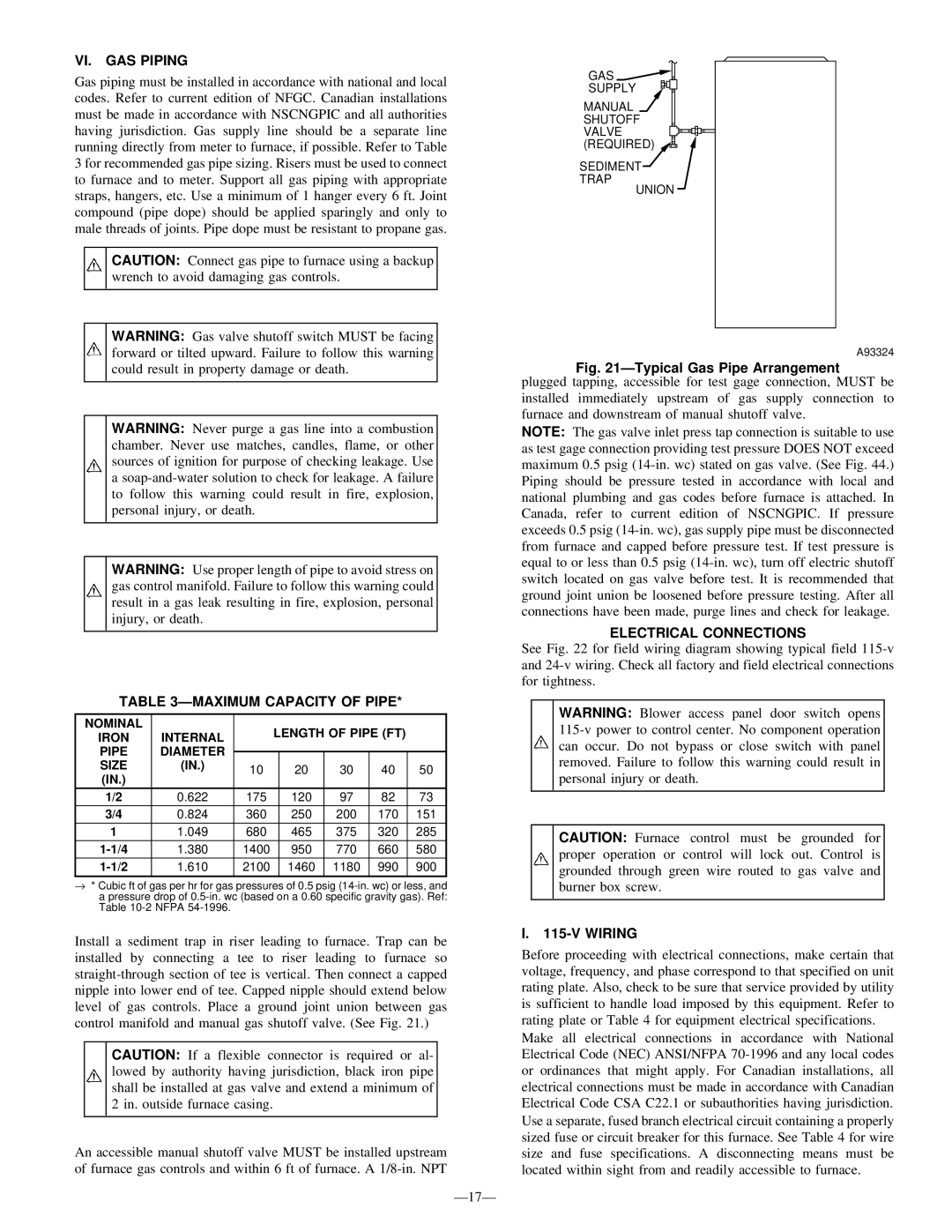 Bryant 340MAV instruction manual VI. GAS Piping, Ðmaximum Capacity of Pipe, Electrical Connections, Wiring 