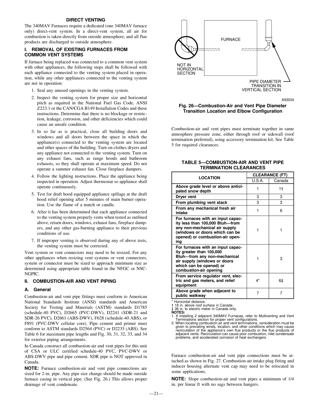 Bryant 340MAV Direct Venting, Removal of Existing Furnaces from Common Vent Systems, II. COMBUSTION-AIR and Vent Piping 