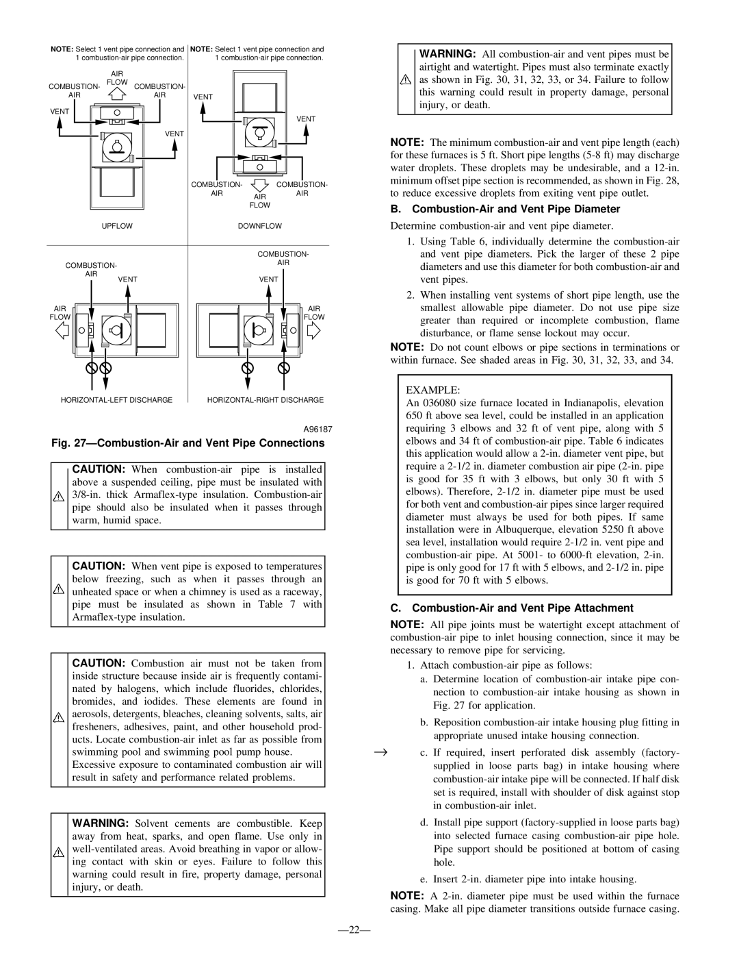 Bryant 340MAV instruction manual Combustion-Air and Vent Pipe Diameter, Example, Combustion-Air and Vent Pipe Attachment 