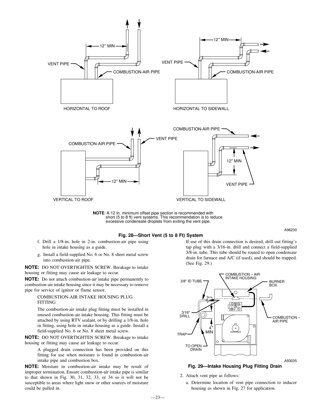 Bryant 340MAV instruction manual ÐShort Vent 5 to 8 Ft System, COMBUSTION-AIR Intake Housing Plug Fitting 