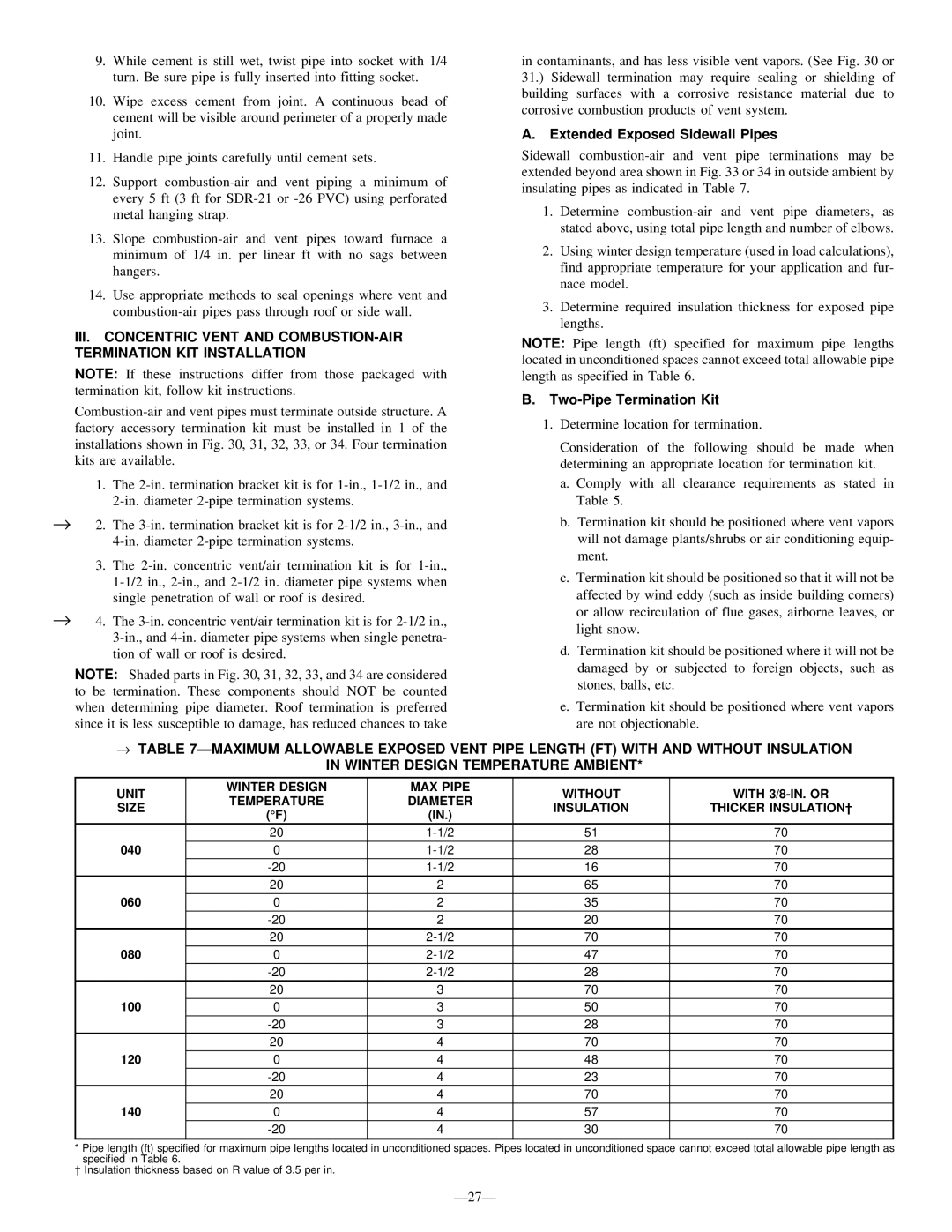 Bryant 340MAV instruction manual Extended Exposed Sidewall Pipes, Two-Pipe Termination Kit 