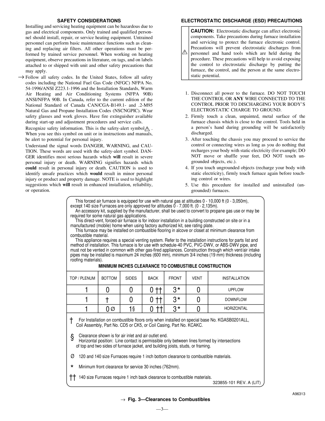 Bryant 340MAV Safety Considerations, Electrostatic Discharge ESD Precautions, → ÐClearances to Combustibles, Ð3Ð 