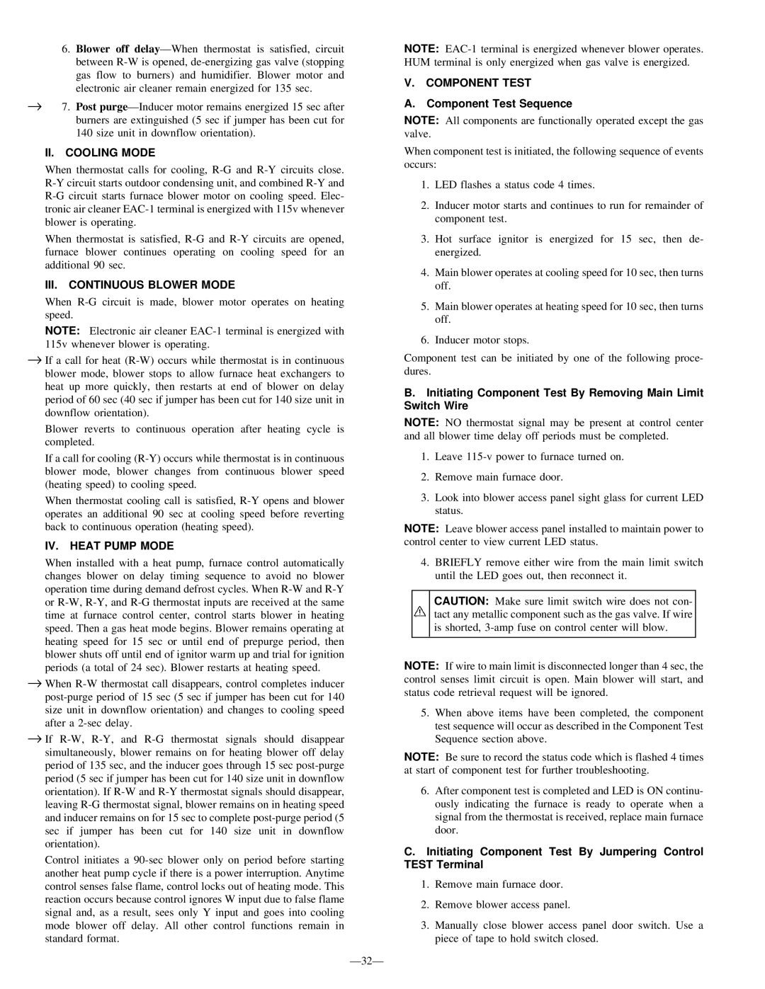 Bryant 340MAV II. Cooling Mode, III. Continuous Blower Mode, IV. Heat Pump Mode, Component Test Sequence 