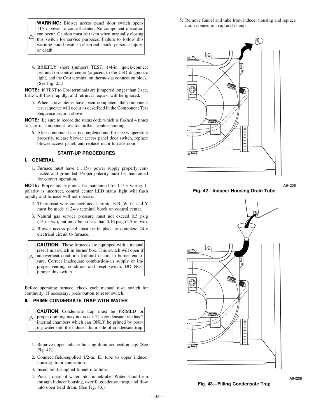 Bryant 340MAV instruction manual START-UP Procedures General, II. Prime Condensate Trap with Water 