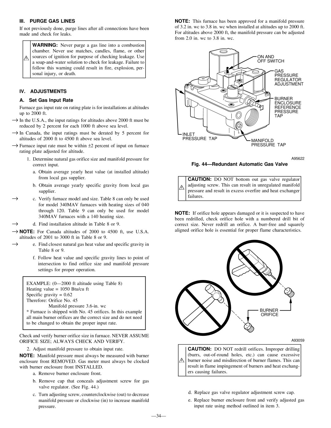 Bryant 340MAV instruction manual III. Purge GAS Lines, IV. Adjustments, Set Gas Input Rate 