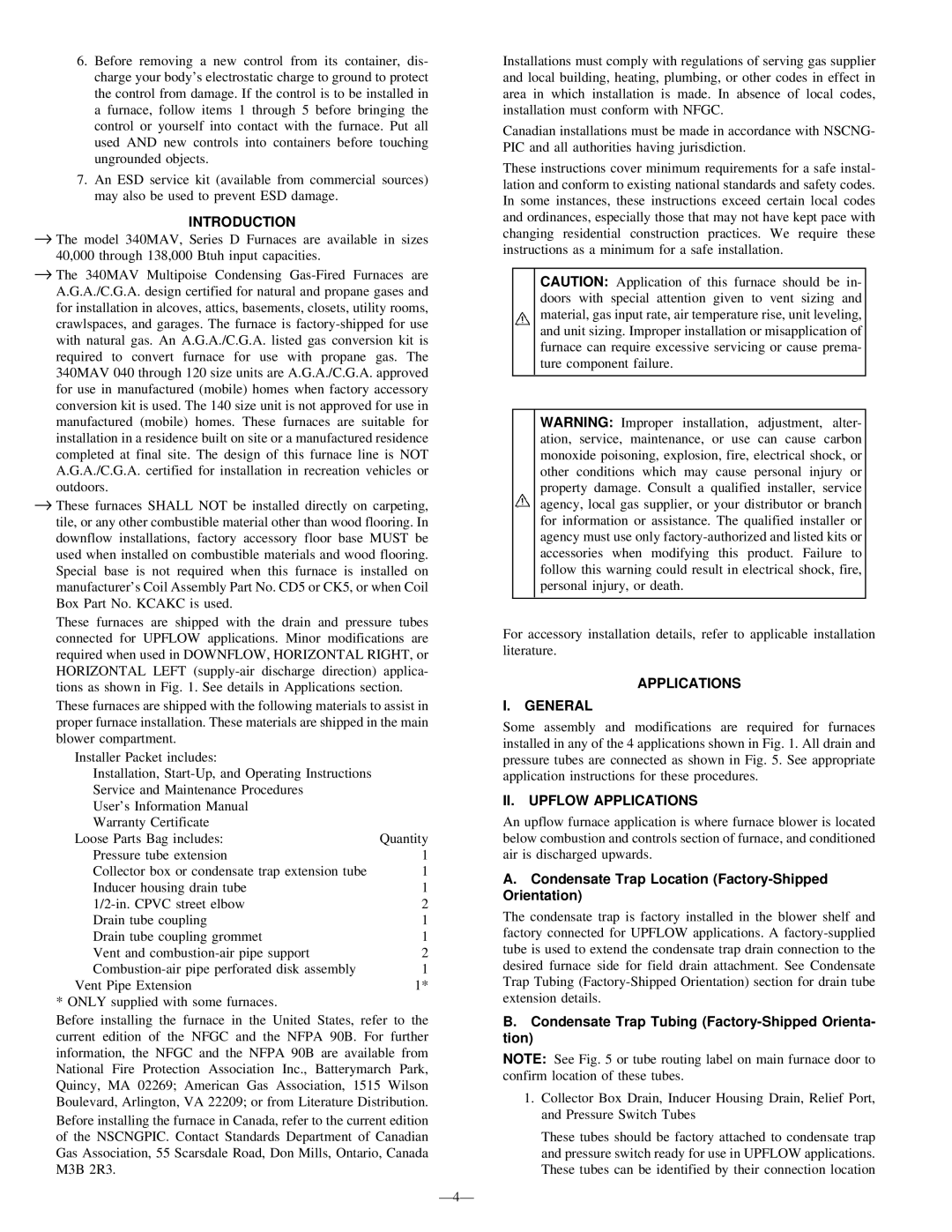 Bryant 340MAV instruction manual Introduction, Applications General, II. Upflow Applications 