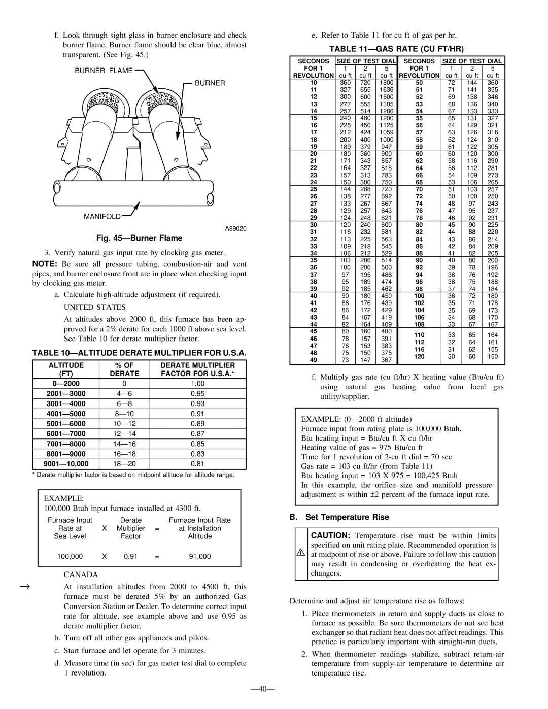 Bryant 340MAV United States, Ðaltitude Derate Multiplier for U.S.A, Canada, Ðgas Rate CU FT/HR, Set Temperature Rise 