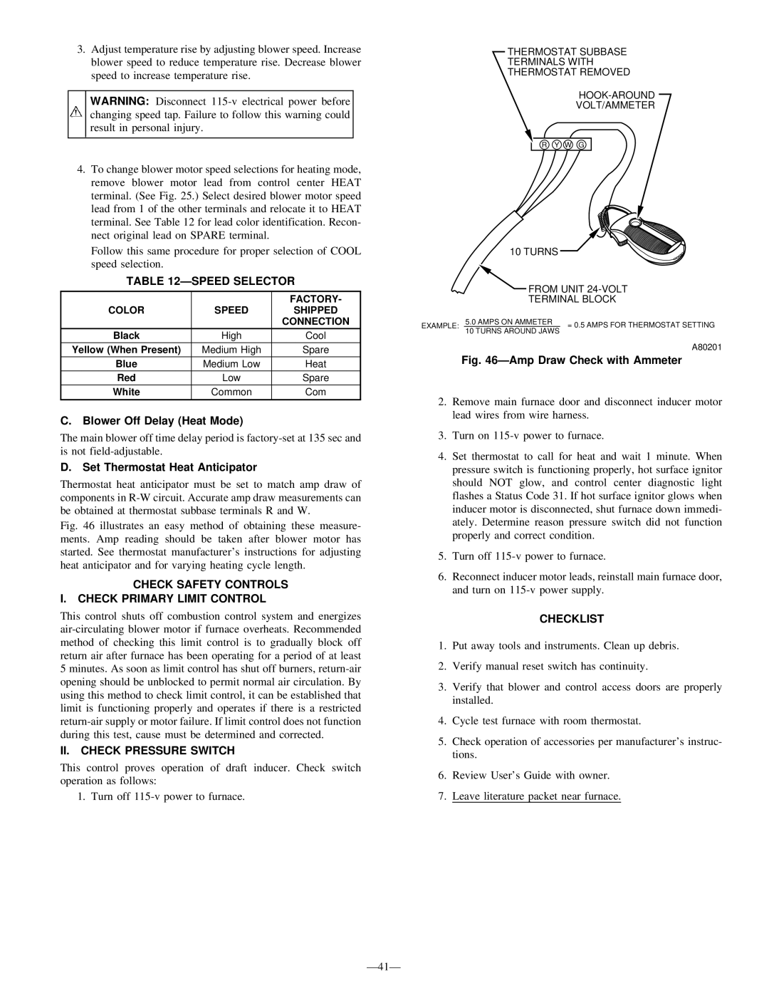 Bryant 340MAV Ðspeed Selector, Check Safety Controls Check Primary Limit Control, II. Check Pressure Switch, Checklist 