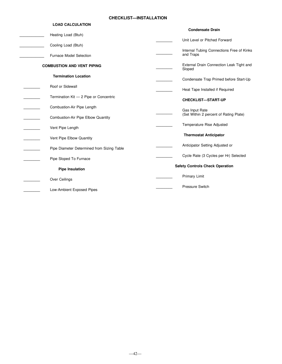 Bryant 340MAV instruction manual Checklistðinstallation, Load Calculation, Combustion and Vent Piping, Checklistðstart-Up 