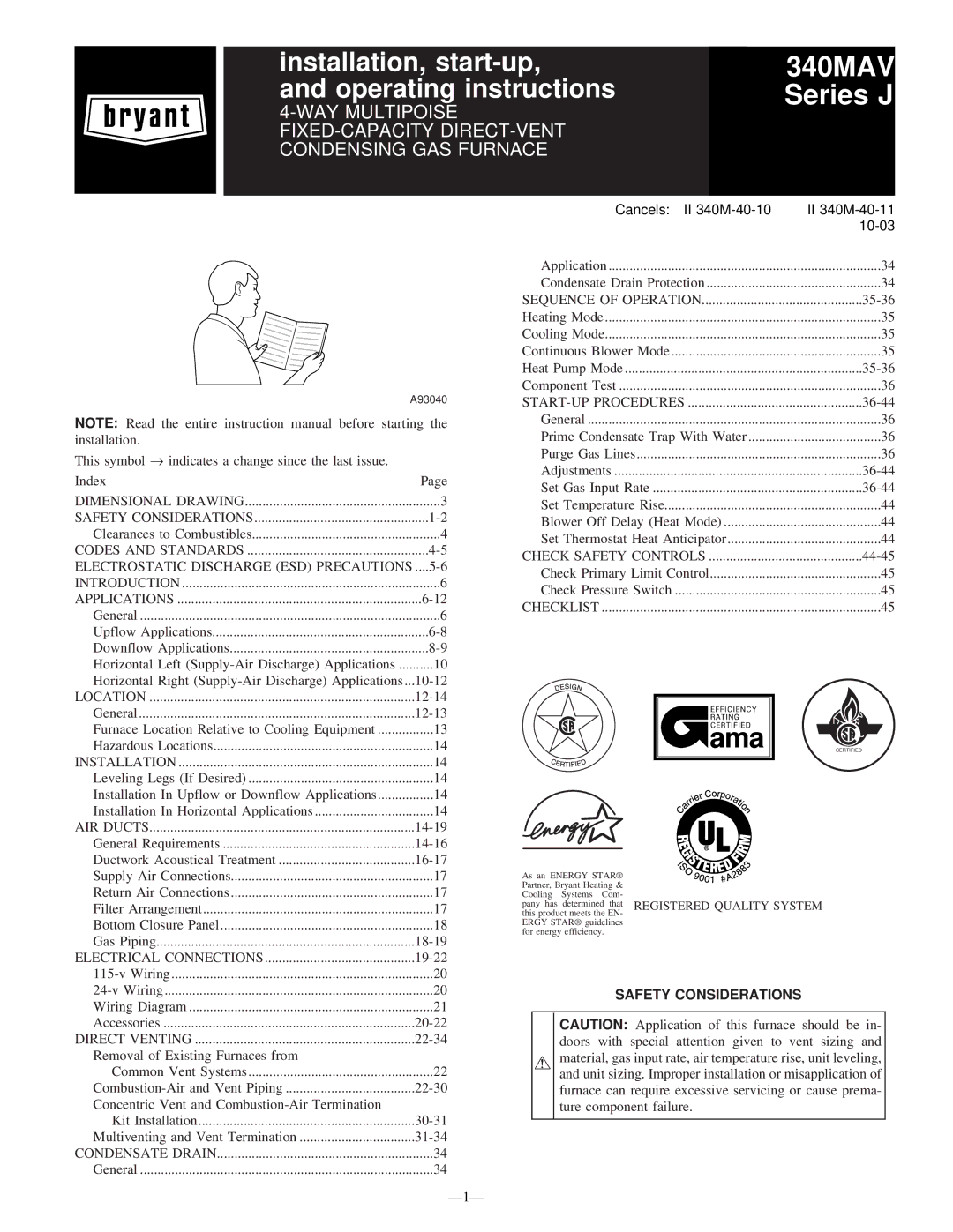 Bryant 340MAV instruction manual Electrostatic Discharge ESD Precautions, Safety Considerations 