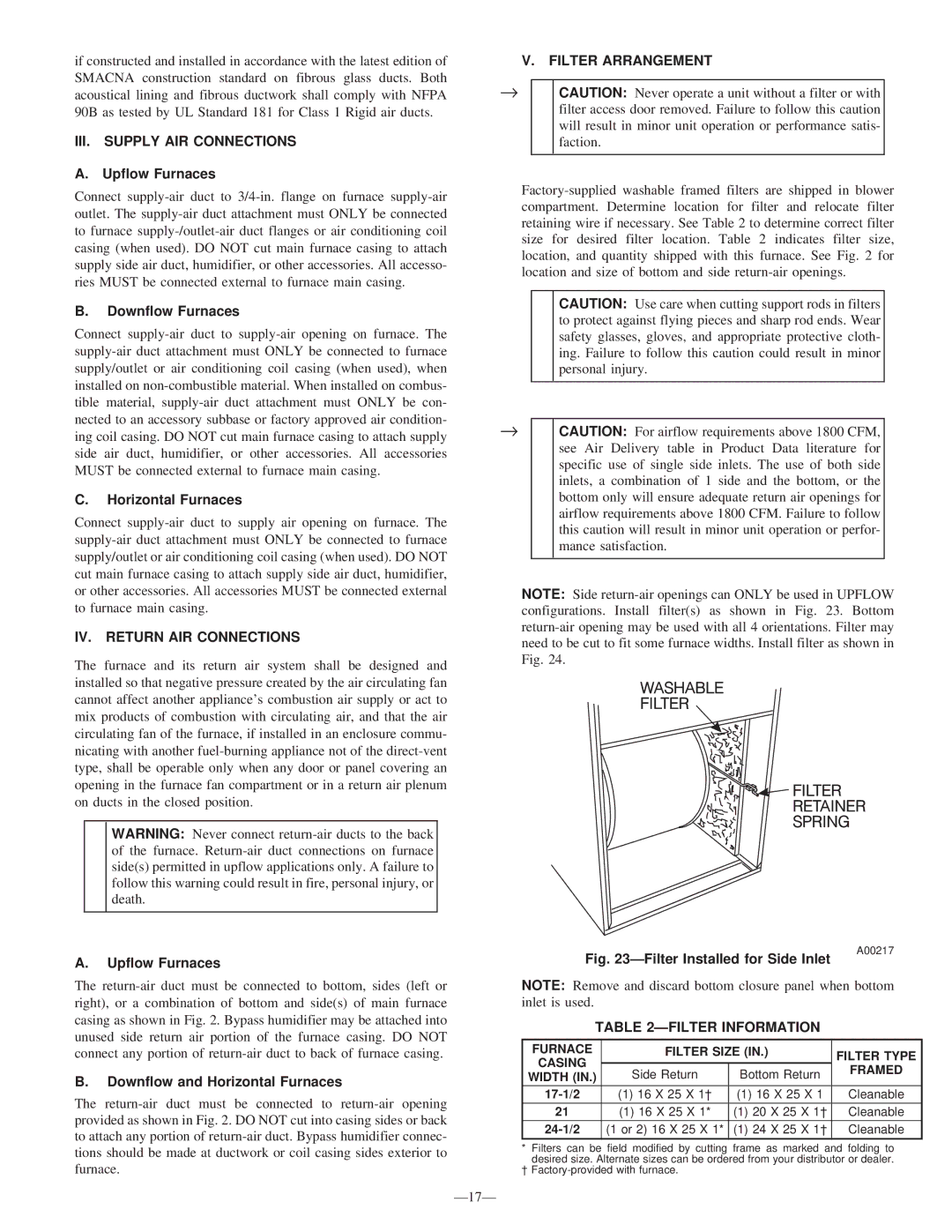 Bryant 340MAV III. Supply AIR Connections, IV. Return AIR Connections, Filter Arrangement, Filter Information 