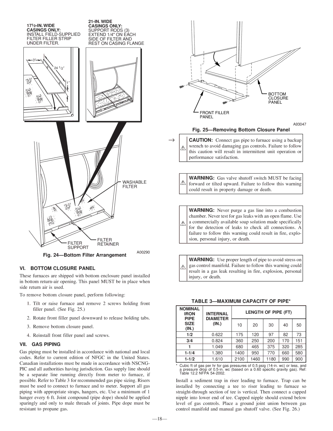 Bryant 340MAV instruction manual VI. Bottom Closure Panel, VII. GAS Piping, Maximum Capacity of Pipe, Casings only 