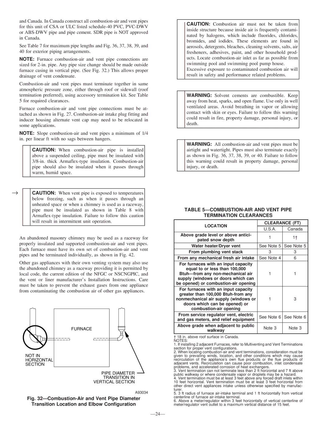 Bryant 340MAV instruction manual COMBUSTION-AIR and Vent Pipe Termination Clearances, Clearance FT 