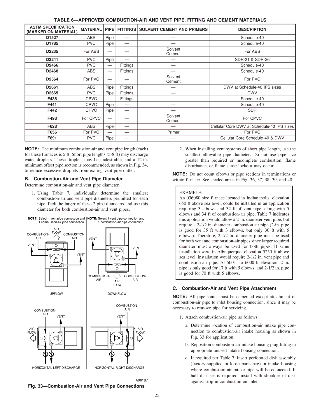 Bryant 340MAV instruction manual Combustion-Air and Vent Pipe Diameter, Example, Combustion-Air and Vent Pipe Attachment 