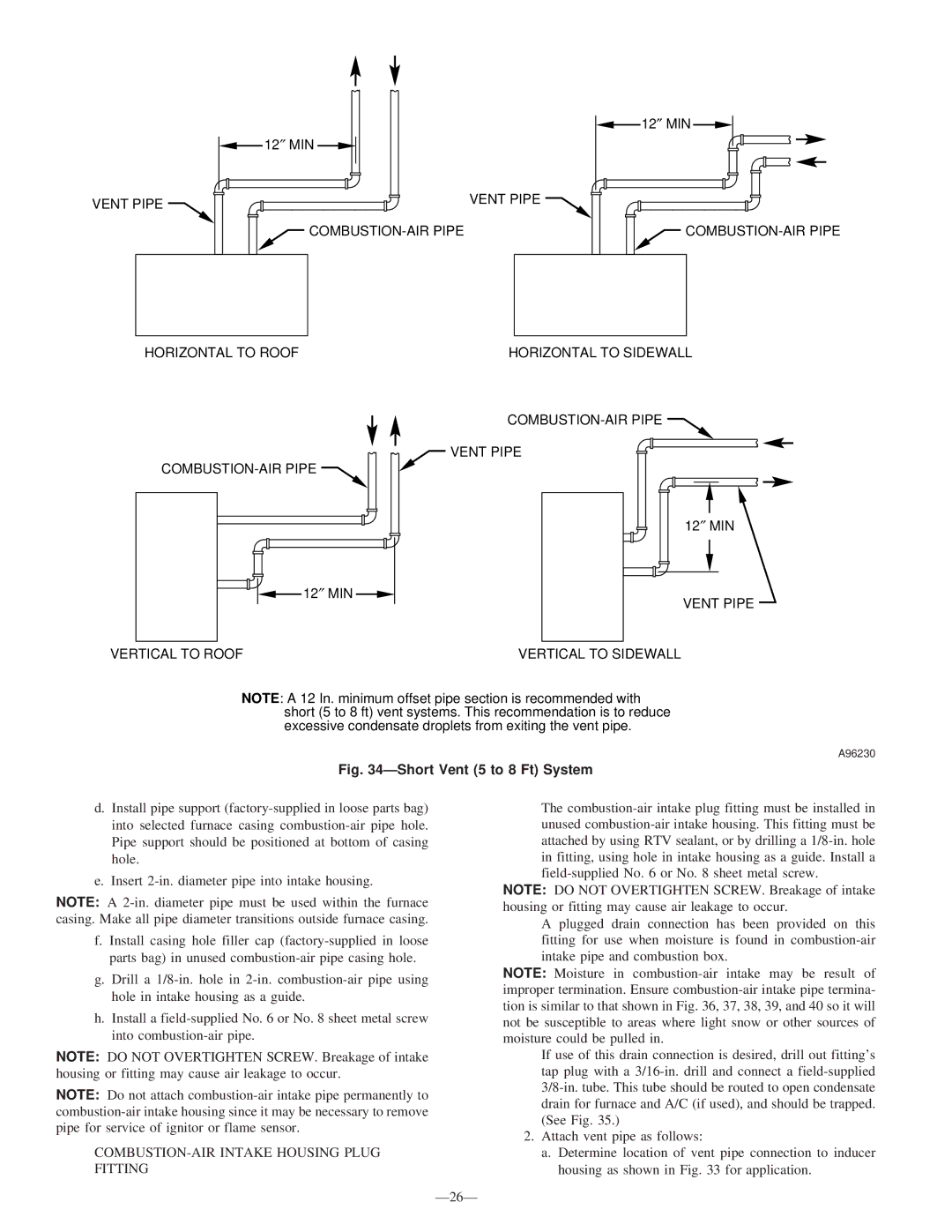 Bryant 340MAV instruction manual Short Vent 5 to 8 Ft System, COMBUSTION-AIR Intake Housing Plug Fitting 