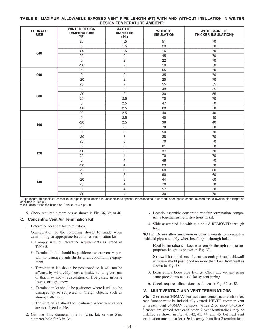 Bryant 340MAV instruction manual Concentric Vent/Air Termination Kit, IV. Multiventing and Vent Terminations 