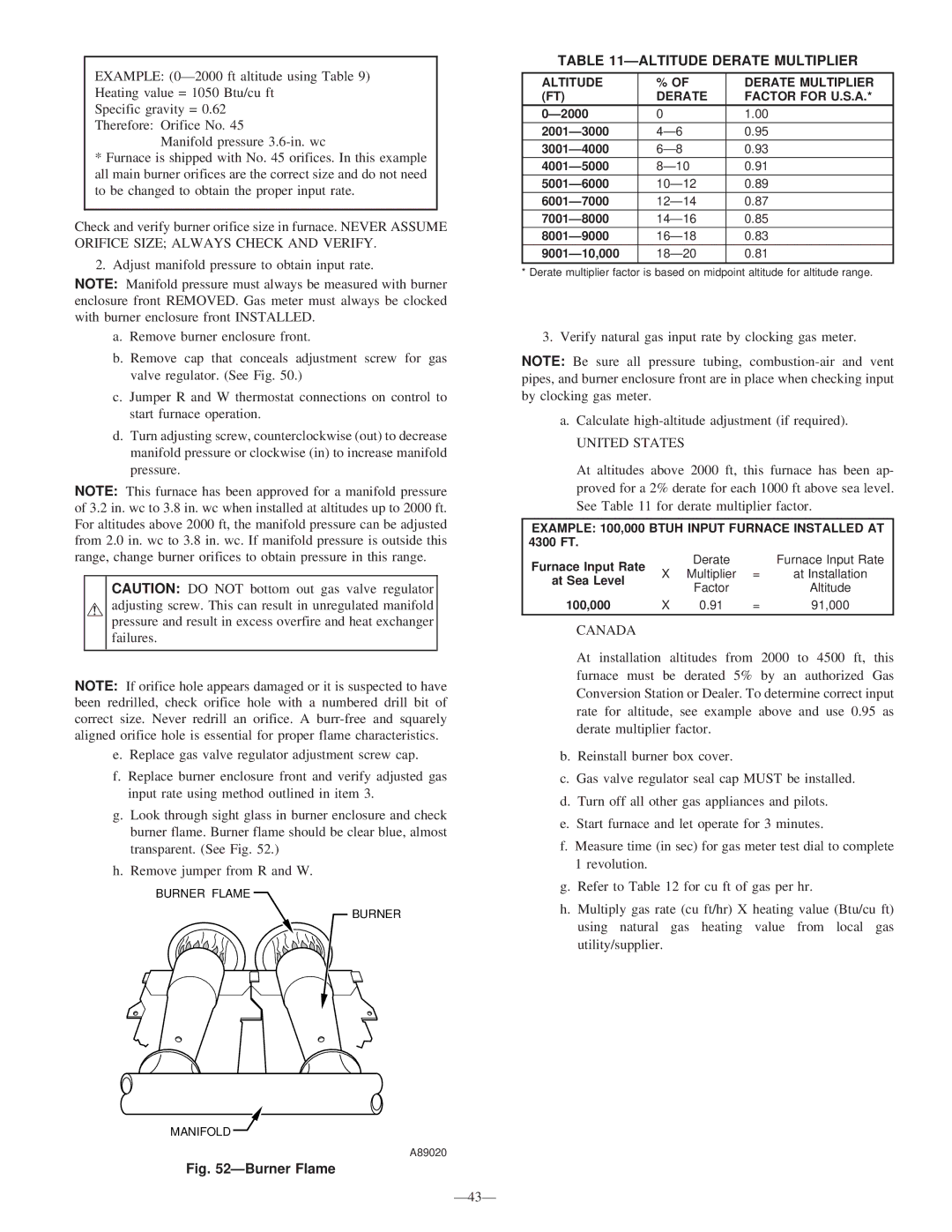 Bryant 340MAV instruction manual United States, Canada, Altitude Derate Multiplier Factor for U.S.A 