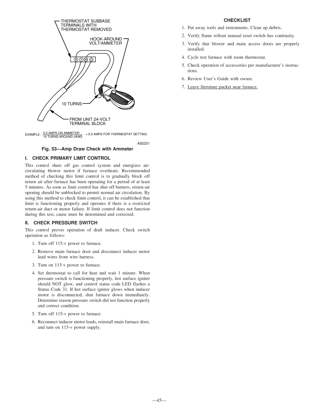 Bryant 340MAV instruction manual Check Primary Limit Control, II. Check Pressure Switch, Checklist 