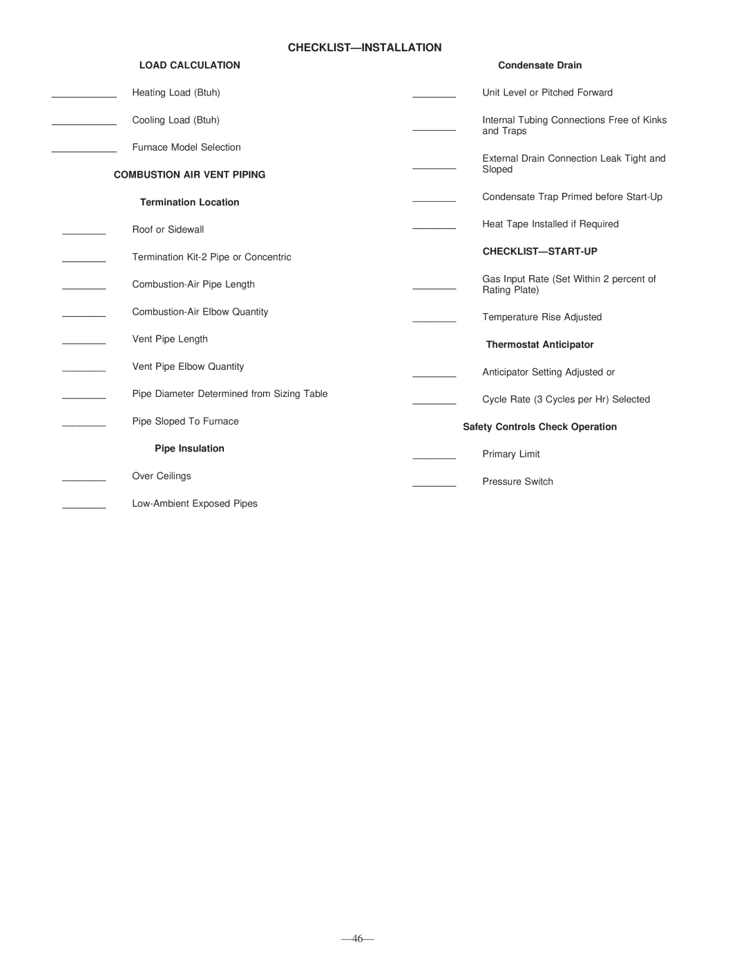 Bryant 340MAV instruction manual Checklist-Installation, Load Calculation, Combustion AIR Vent Piping, Checklist-Start-Up 