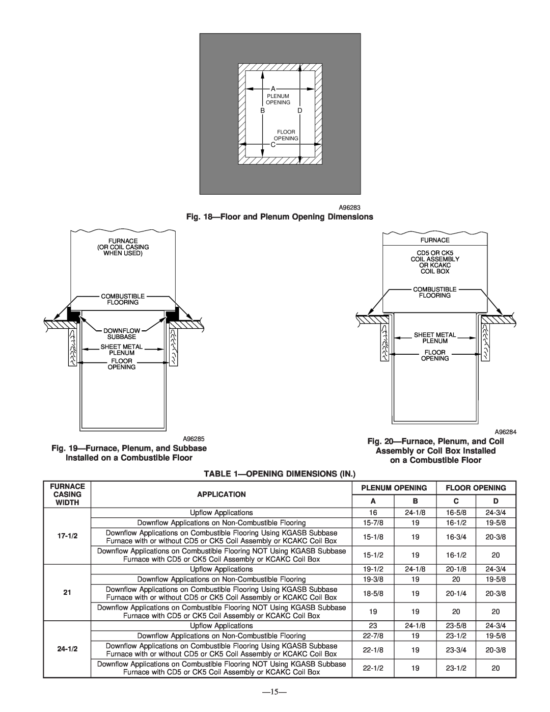 Bryant 340MAV instruction manual Floorand Plenum Opening Dimensions, Furnace,Plenum, and Coil, Furnace,Plenum, and Subbase 