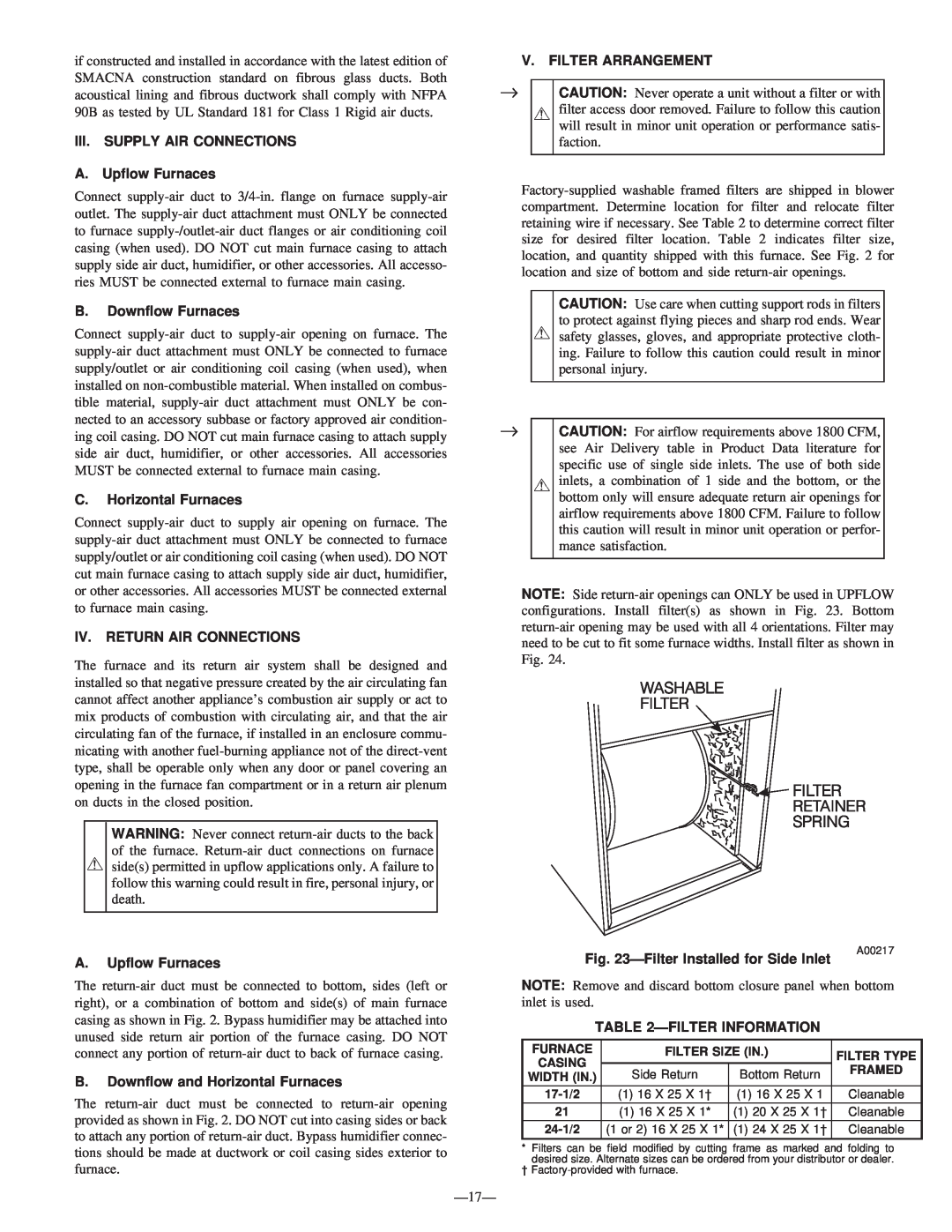 Bryant 340MAV instruction manual III. SUPPLY AIR CONNECTIONS A. Upflow Furnaces, B.Downflow Furnaces, C.Horizontal Furnaces 