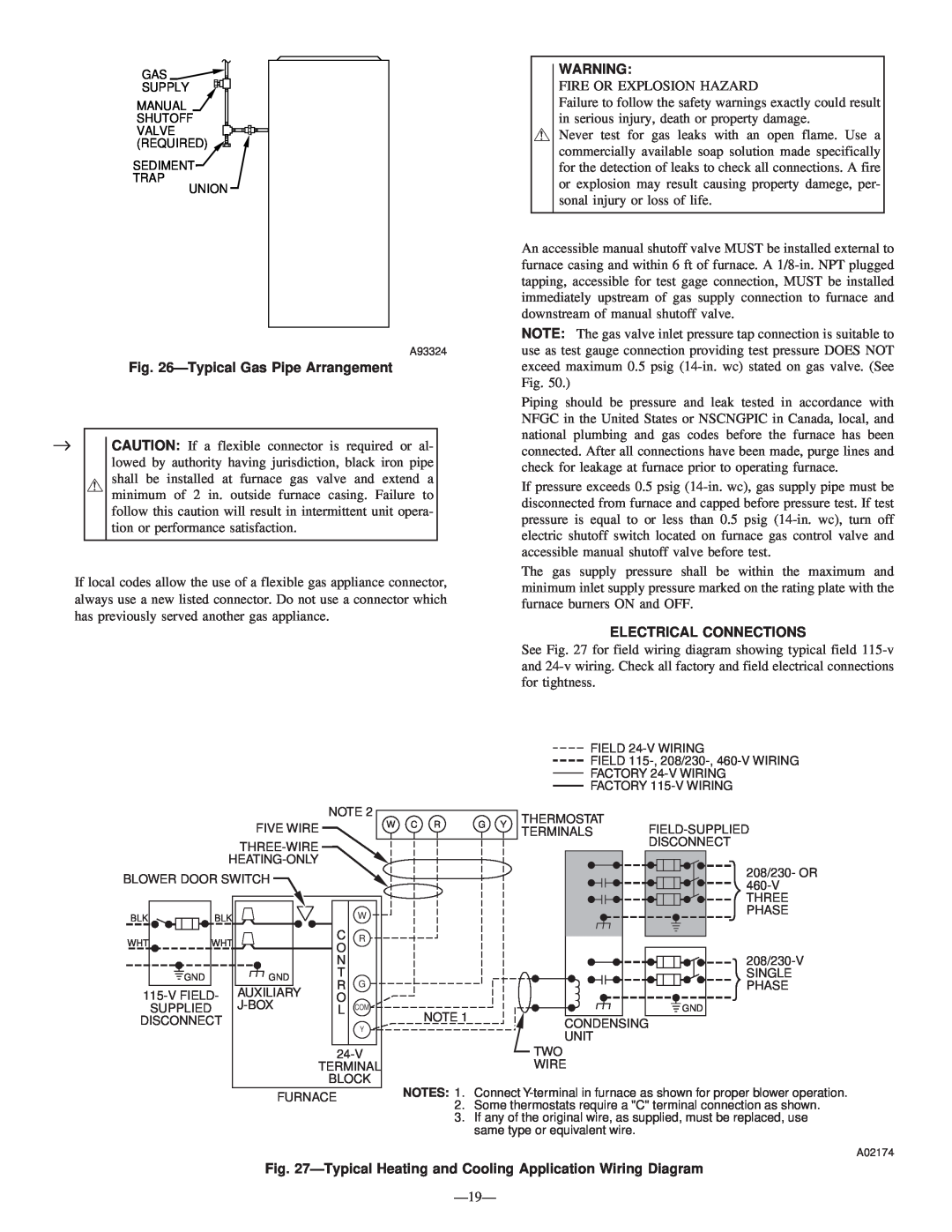 Bryant 340MAV instruction manual TypicalGas Pipe Arrangement, Electrical Connections 