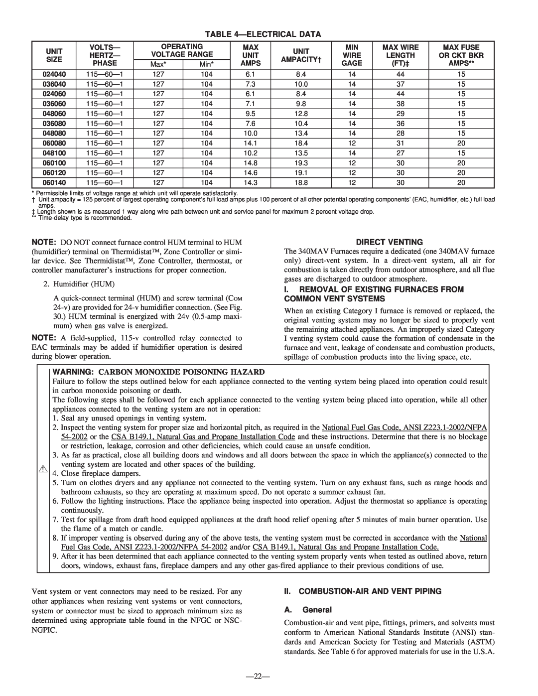 Bryant 340MAV instruction manual Electricaldata, Direct Venting, Warning Carbon Monoxide Poisoning Hazard 