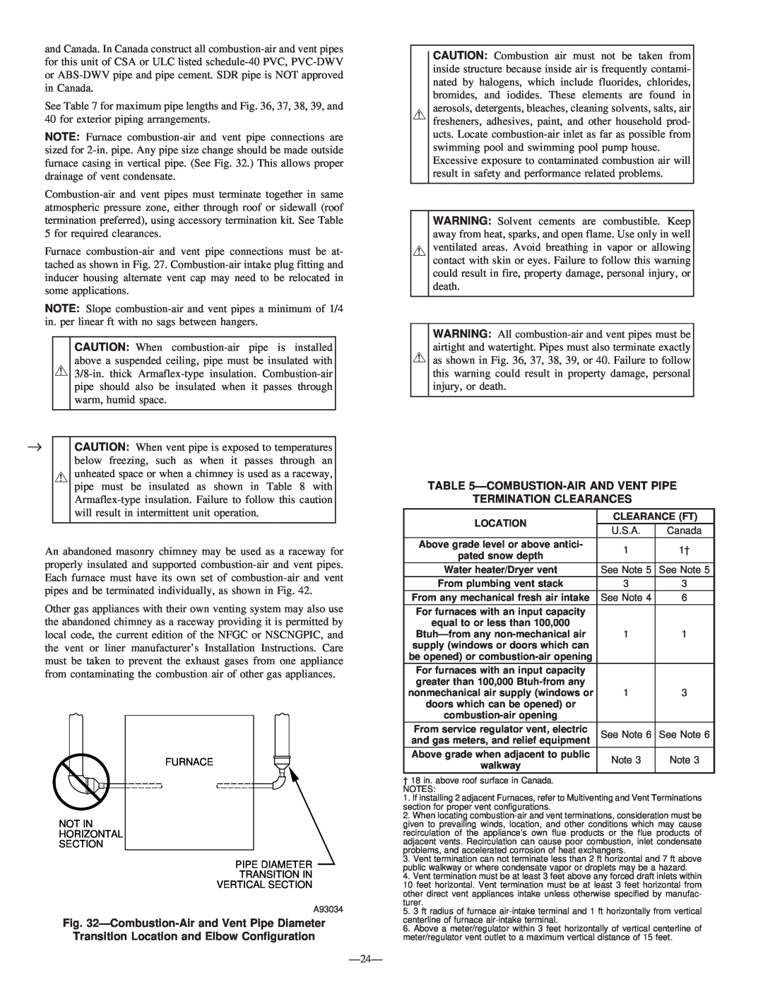 Bryant 340MAV instruction manual Termination Clearances, Combustion-Airand Vent Pipe Diameter 